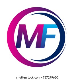initial letter logo MF company name blue and magenta color on circle and swoosh design. vector logotype for business and company identity.