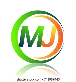 initial letter logo MJ company name green and orange color on circle and swoosh design. vector logotype for business and company identity.