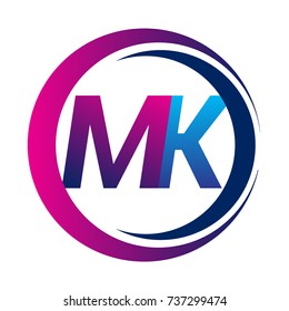 initial letter logo MK company name blue and magenta color on circle and swoosh design. vector logotype for business and company identity.