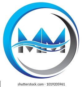 initial letter logo MM company name blue and grey color on circle and swoosh design. vector logotype for business and company identity.