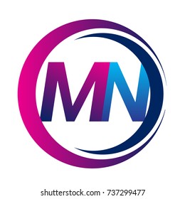 initial letter logo MN company name blue and magenta color on circle and swoosh design. vector logotype for business and company identity.