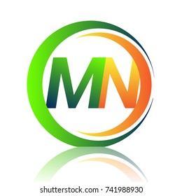 initial letter logo MN company name green and orange color on circle and swoosh design. vector logotype for business and company identity.