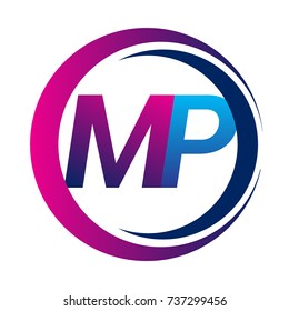 initial letter logo MP company name blue and magenta color on circle and swoosh design. vector logotype for business and company identity.