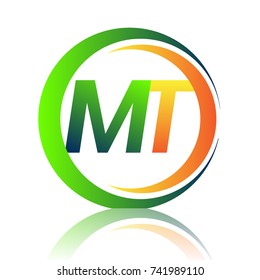 initial letter logo MT company name green and orange color on circle and swoosh design. vector logotype for business and company identity.