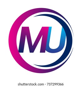 initial letter logo MU company name blue and magenta color on circle and swoosh design. vector logotype for business and company identity.