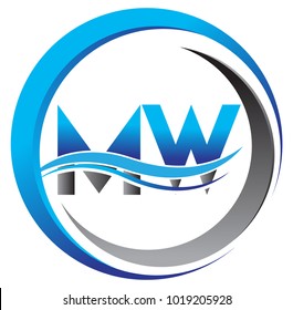 initial letter logo MW company name blue and grey color on circle and swoosh design. vector logotype for business and company identity.
