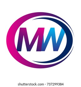 initial letter logo MW company name blue and magenta color on circle and swoosh design. vector logotype for business and company identity.
