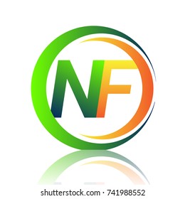 initial letter logo NF company name green and orange color on circle and swoosh design. vector logotype for business and company identity.