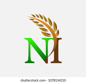 initial letter logo NI, Agriculture wheat Logo Template vector icon design colored green and brown.