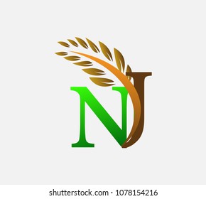 initial letter logo NJ, Agriculture wheat Logo Template vector icon design colored green and brown.