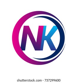 initial letter logo NK company name blue and magenta color on circle and swoosh design. vector logotype for business and company identity.