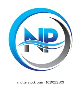initial letter logo NP company name blue and grey color on circle and swoosh design. vector logotype for business and company identity.