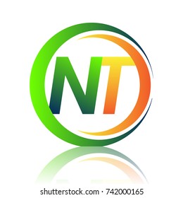 initial letter logo NT company name green and orange color on circle and swoosh design. vector logotype for business and company identity.