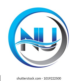 initial letter logo NU company name blue and grey color on circle and swoosh design. vector logotype for business and company identity.