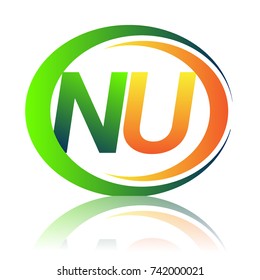 initial letter logo NU company name green and orange color on circle and swoosh design. vector logotype for business and company identity.