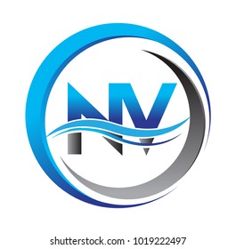 initial letter logo NV company name blue and grey color on circle and swoosh design. vector logotype for business and company identity.