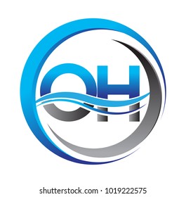 initial letter logo OH company name blue and grey color on circle and swoosh design. vector logotype for business and company identity.