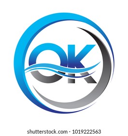 initial letter logo OK company name blue and grey color on circle and swoosh design. vector logotype for business and company identity.