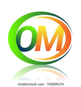initial letter logo OM company name green and orange color on circle and swoosh design. vector logotype for business and company identity.