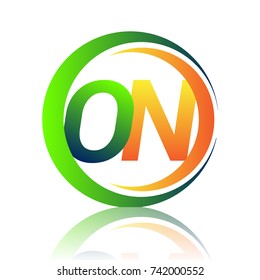 initial letter logo ON company name green and orange color on circle and swoosh design. vector logotype for business and company identity.