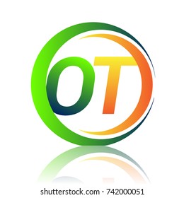 initial letter logo OT company name green and orange color on circle and swoosh design. vector logotype for business and company identity.