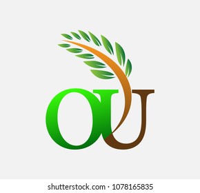 
initial letter logo OU, Agriculture wheat Logo Template vector icon design colored green and brown.