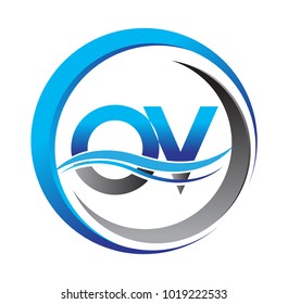 initial letter logo OV company name blue and grey color on circle and swoosh design. vector logotype for business and company identity.