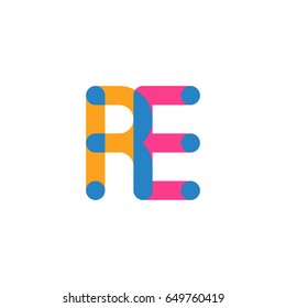 Initial letter logo RE overlapping round line, yellow blue magenta