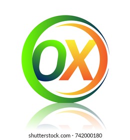 initial letter logo OX company name green and orange color on circle and swoosh design. vector logotype for business and company identity.