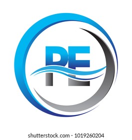 initial letter logo PE company name blue and grey color on circle and swoosh design. vector logotype for business and company identity.