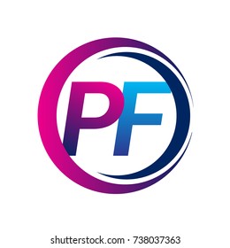 initial letter logo PF company name blue and magenta color on circle and swoosh design. vector logotype for business and company identity.
