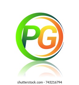 initial letter logo PG company name green and orange color on circle and swoosh design. vector logotype for business and company identity.