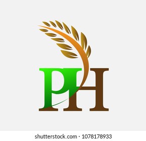 initial letter logo PH, Agriculture wheat Logo Template vector icon design colored green and brown.
