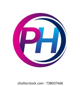 initial letter logo PH company name blue and magenta color on circle and swoosh design. vector logotype for business and company identity.