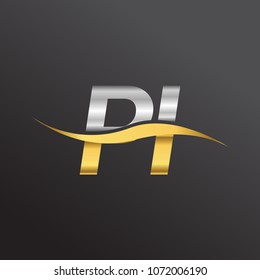 initial letter logo PI company name gold and silver color swoosh design. vector logotype for business and company identity.