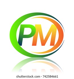 initial letter logo PM company name green and orange color on circle and swoosh design. vector logotype for business and company identity.