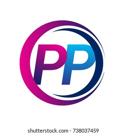 initial letter logo PP company name blue and magenta color on circle and swoosh design. vector logotype for business and company identity.
