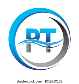 initial letter logo PT company name blue and grey color on circle and swoosh design. vector logotype for business and company identity.