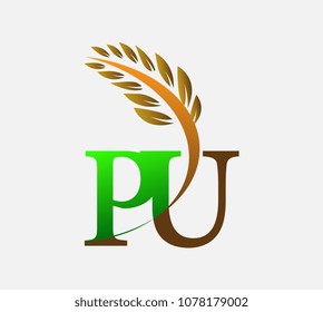 initial letter logo PU, Agriculture wheat Logo Template vector icon design colored green and brown.
