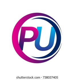 initial letter logo PU company name blue and magenta color on circle and swoosh design. vector logotype for business and company identity.