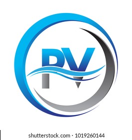 initial letter logo PV company name blue and grey color on circle and swoosh design. vector logotype for business and company identity.