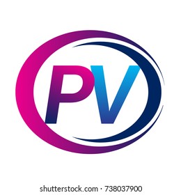 initial letter logo PV company name blue and magenta color on circle and swoosh design. vector logotype for business and company identity.