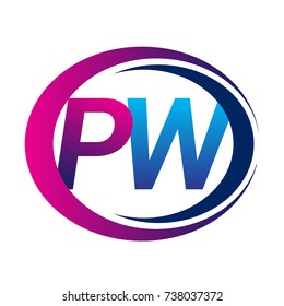 initial letter logo PW company name blue and magenta color on circle and swoosh design. vector logotype for business and company identity.