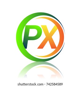 initial letter logo PX company name green and orange color on circle and swoosh design. vector logotype for business and company identity.