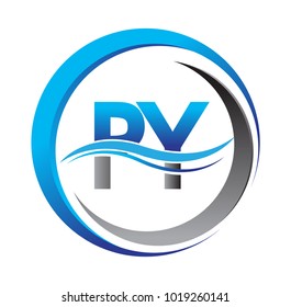 initial letter logo PY company name blue and grey color on circle and swoosh design. vector logotype for business and company identity.