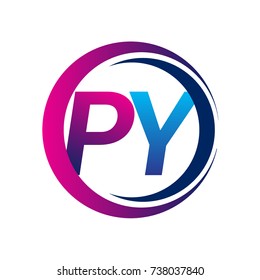 initial letter logo PY company name blue and magenta color on circle and swoosh design. vector logotype for business and company identity.