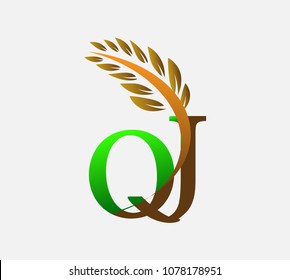 initial letter logo QJ, Agriculture wheat Logo Template vector icon design colored green and brown.
