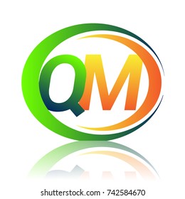 initial letter logo QM company name green and orange color on circle and swoosh design. vector logotype for business and company identity.