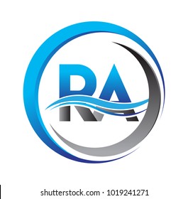 initial letter logo RA company name blue and grey color on circle and swoosh design. vector logotype for business and company identity.