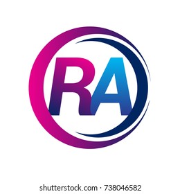 initial letter logo RA company name blue and magenta color on circle and swoosh design. vector logotype for business and company identity.
